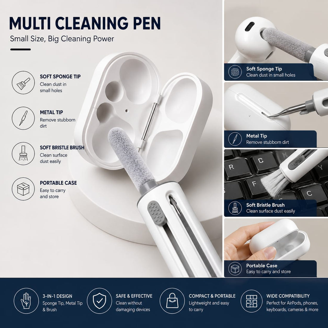 4-in-1 Earphone,keyboard Cleaning Pen With Soft Bristle Brush