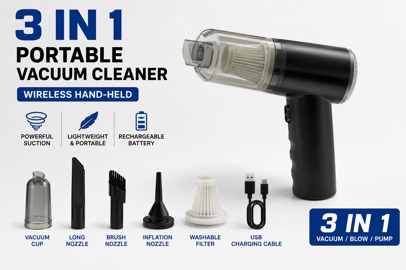 3 IN 1 PORTABLE VACUUM CLEANER WIRELESS HAND-HELD