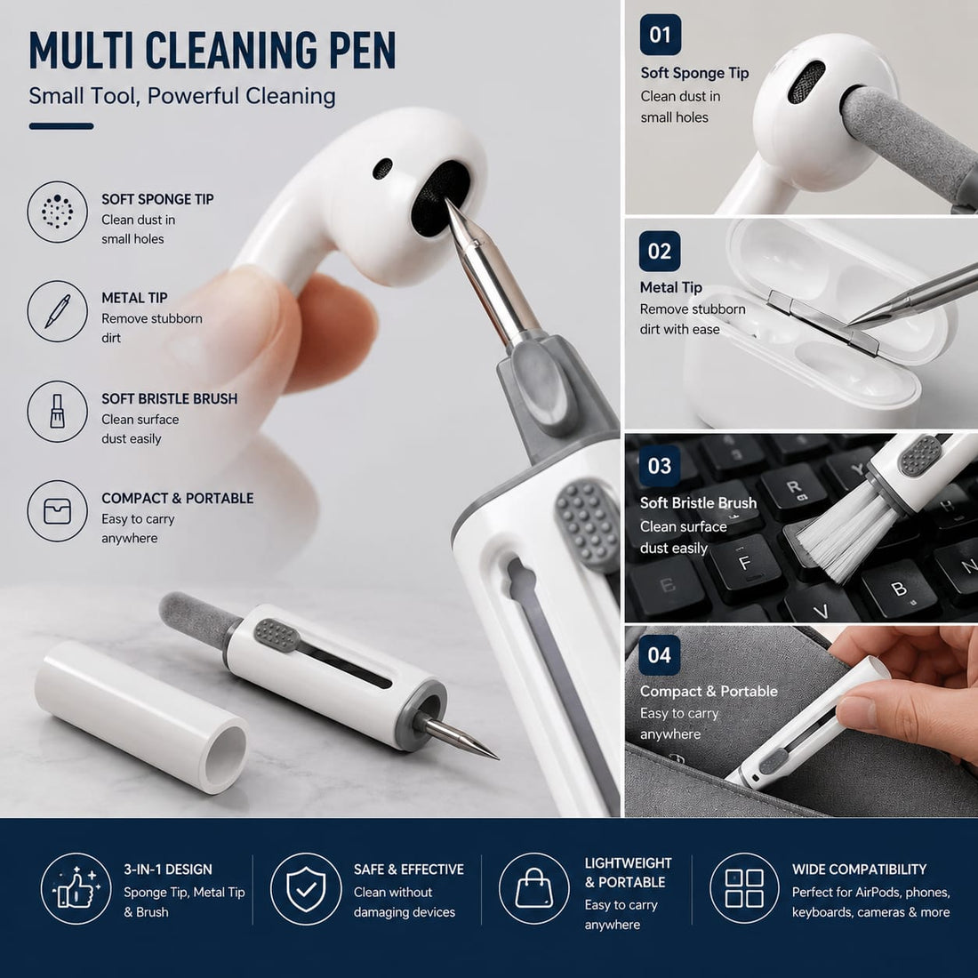 4-in-1 Earphone,keyboard Cleaning Pen With Soft Bristle Brush